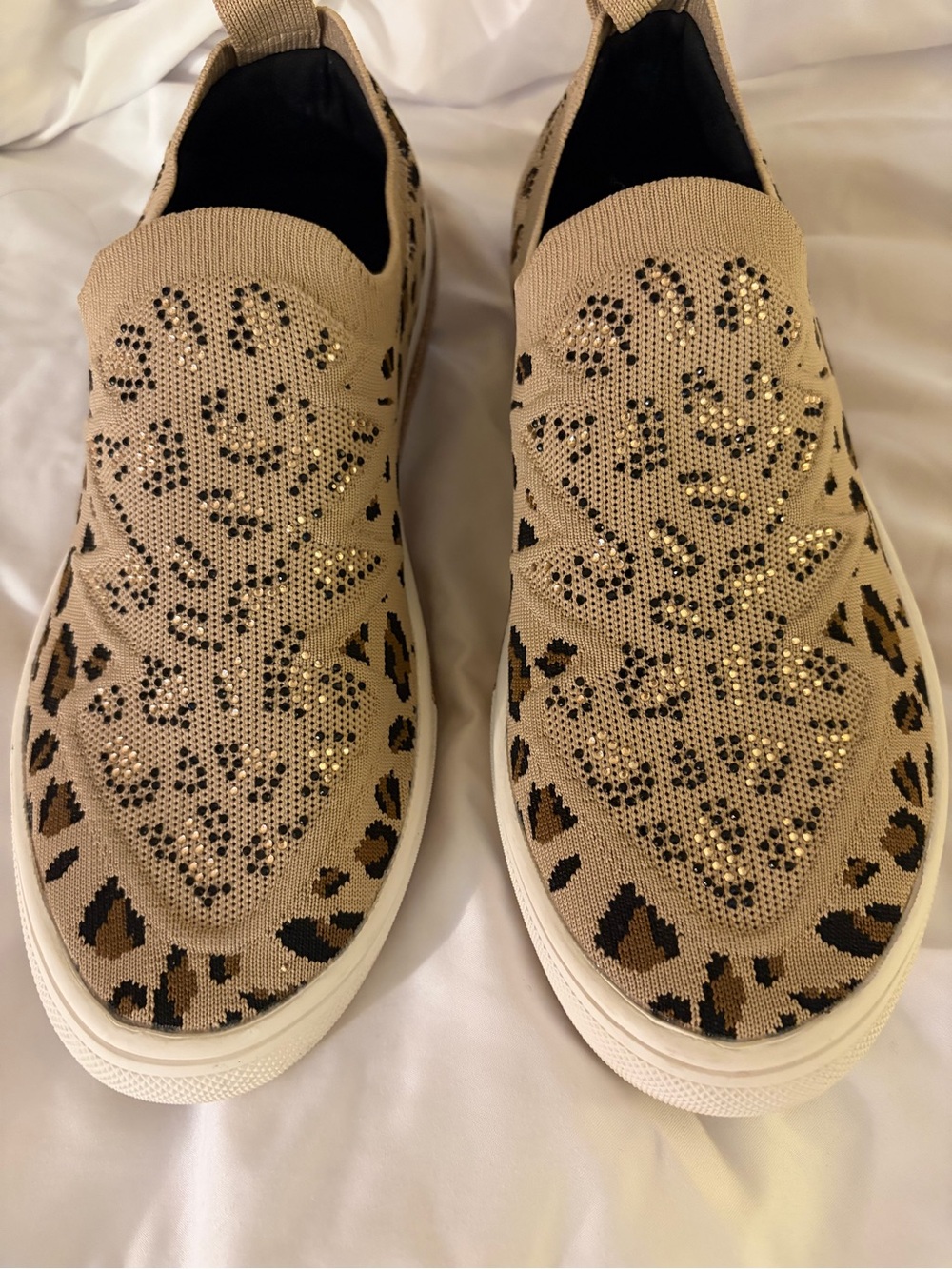 bernie mev. Beige Leopard Knit Slip-On Sneakers with Gold Stud Accents